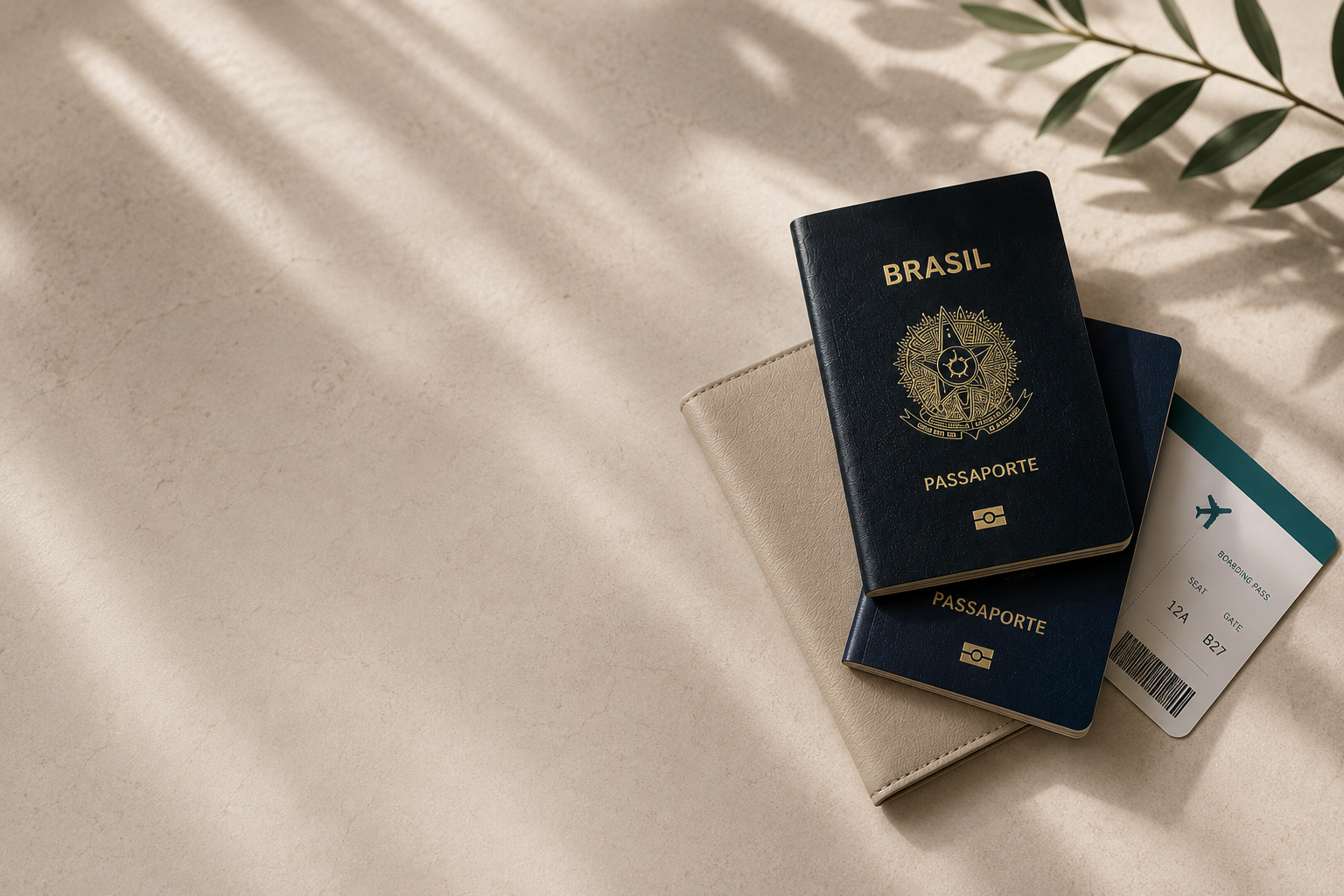 Passaportes brasileiros, carteira e cartão de embarque sobre mesa clara